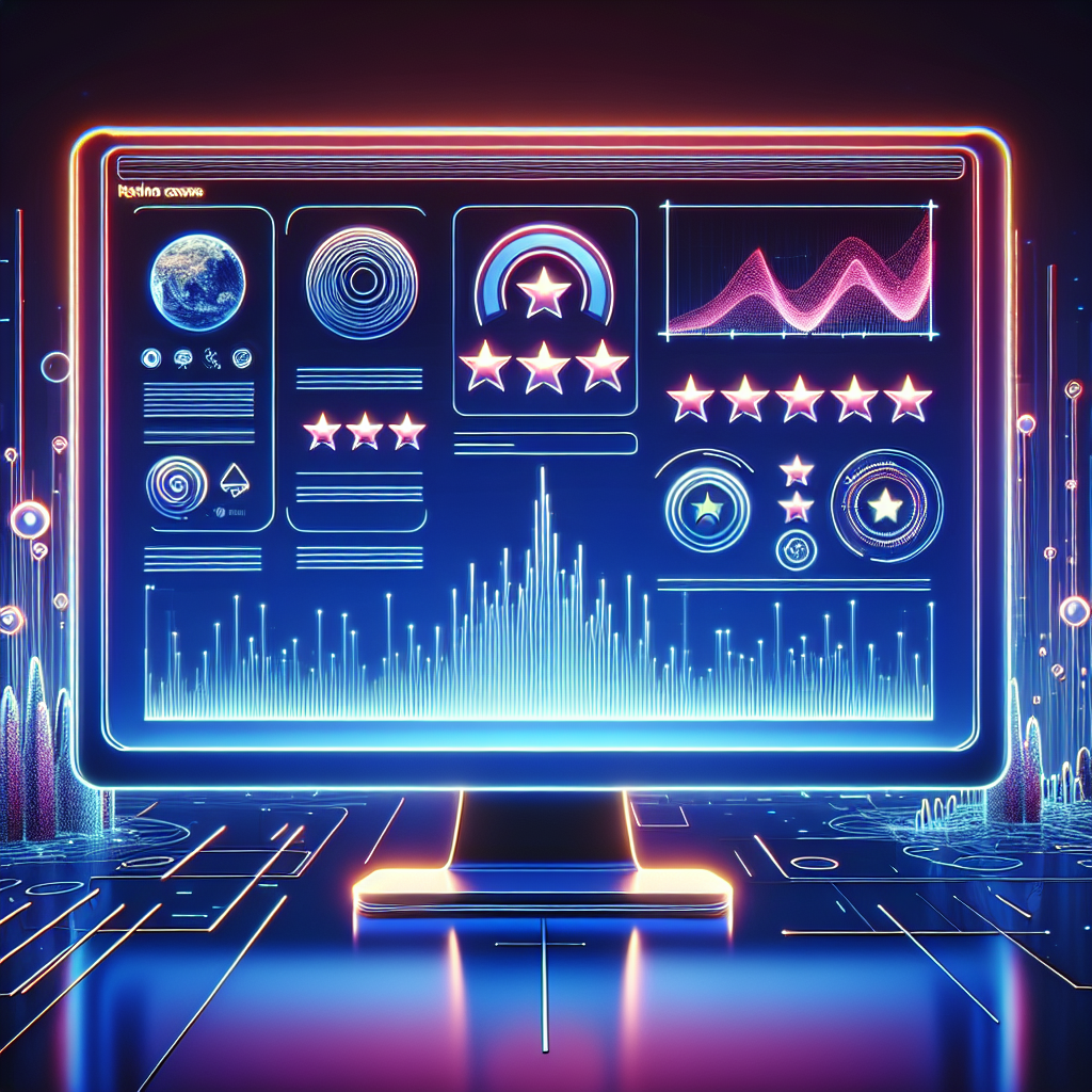Generate an image of a digital dashboard on a computer screen, filled with graphs, star ratings, and review snippets. The background should include abstract shapes and lines, giving a futuristic and high-tech vibe. The screen should be the focal point, glowing with vibrant colors.