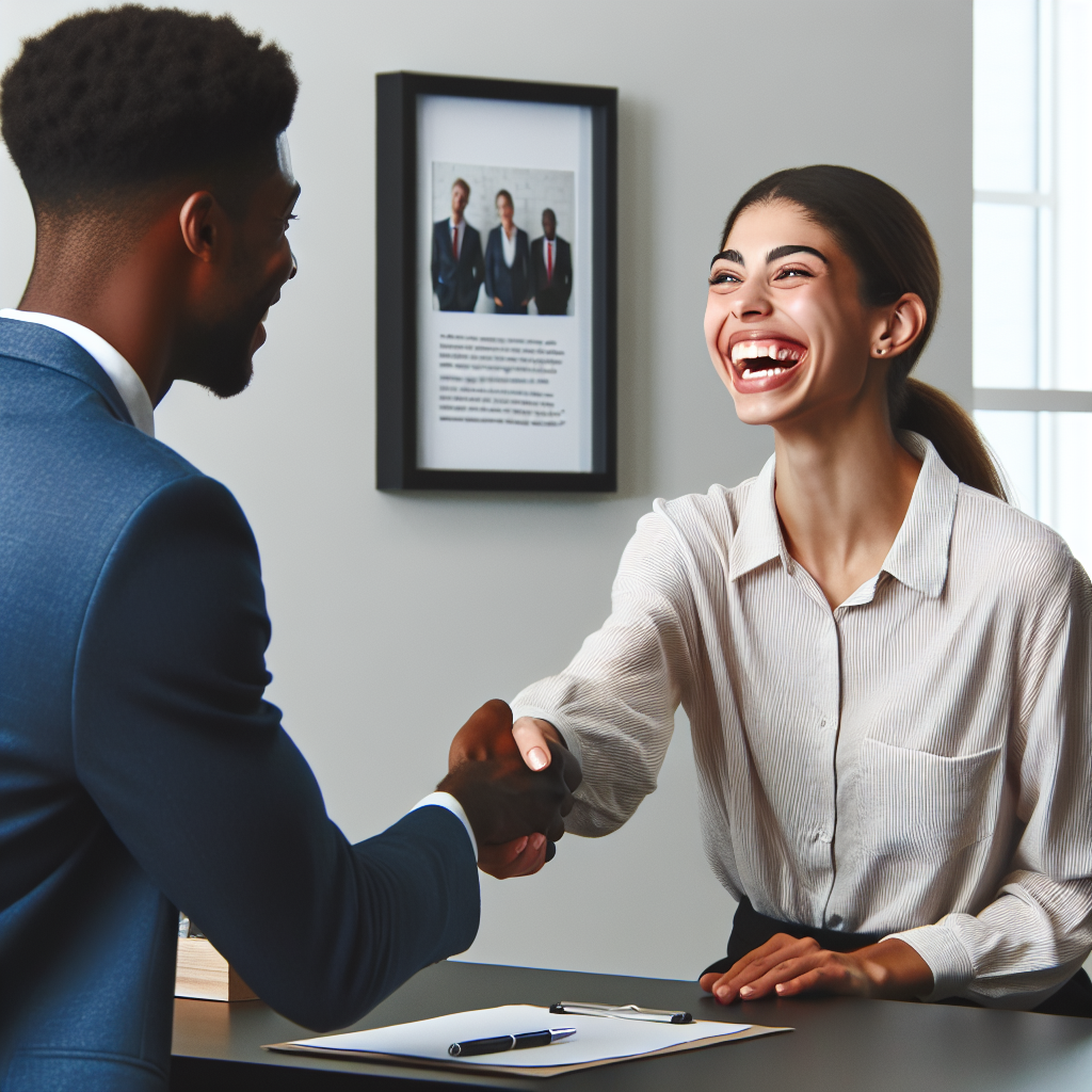 Generate an image of a happy job candidate shaking hands with a recruiter in an office setting. On a nearby wall, there should be framed positive review excerpts. The style should be minimalist and clean, with a focus on the expressions and the connection between the individuals.