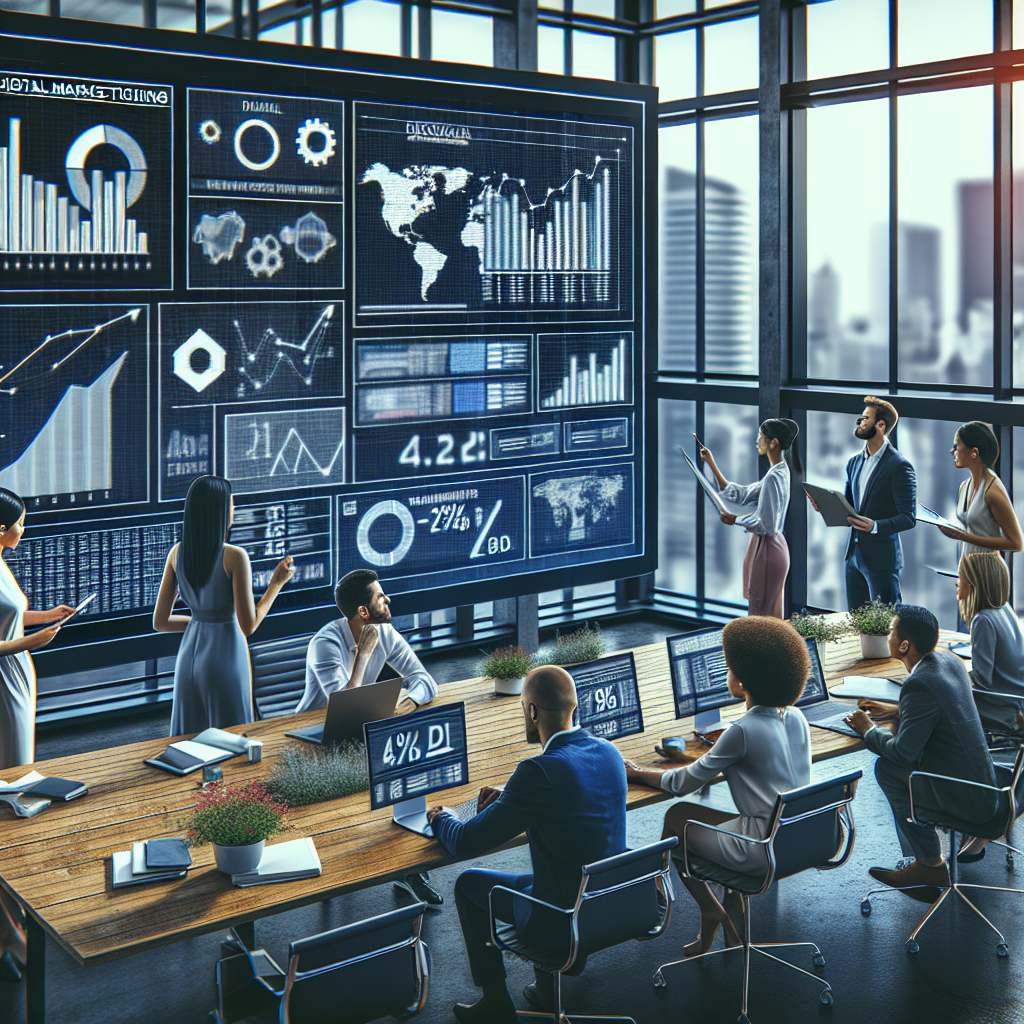 Generate an image depicting a modern office setting with a diverse team analyzing digital marketing data on large screens, illustrating the integration of traditional and innovative techniques for lead generation in recruitment services.