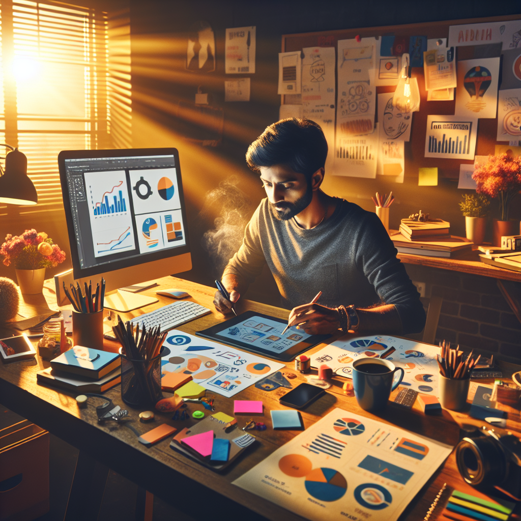 Generate an image of a marketer creating high-quality, engaging content in a cozy, creative workspace, highlighting the importance of valuable content in lead generation strategies.