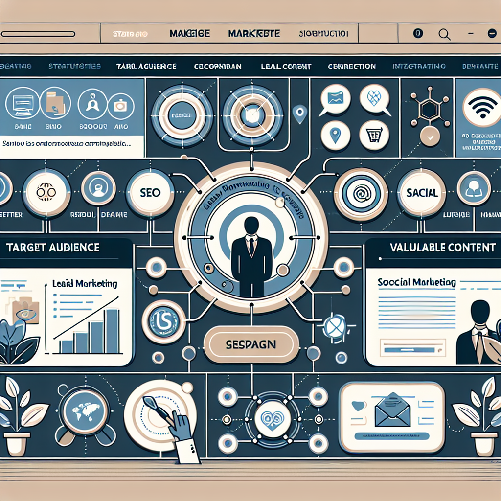 Generate an image of a professional corporate website interface for the recruitment sector. The website should showcase sections like 'Target Audience', 'SEO Strategies', 'Valuable Content', and 'Social & Email Marketing Integration'. The design should be clean, modern, and visually appealing with a focus on usability and lead generation.