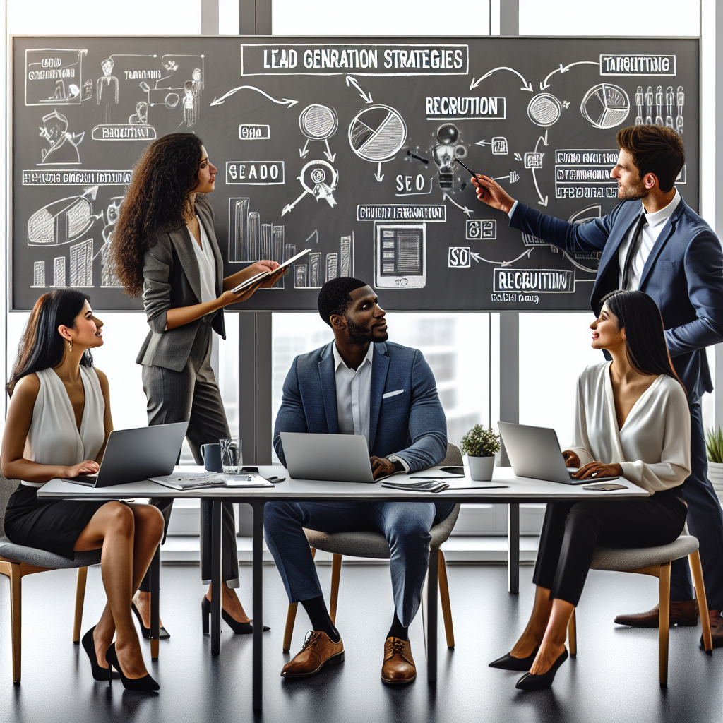 Generate an image of a business team in a modern office environment brainstorming and discussing lead generation strategies for the recruitment sector. The team should be using laptops, whiteboards with diagrams, charts, and ideas related to effective targeting and SEO.