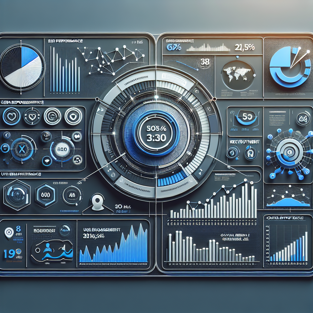 Generate an image of a digital marketing dashboard displaying analytics and performance metrics for a recruitment website. The dashboard should include graphs and charts for SEO performance, user engagement, content effectiveness, and social media impact. The design should be sleek and tech-savvy.