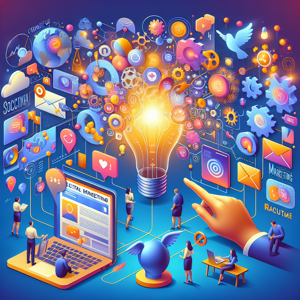 Generate an image of a vibrant and engaging blog post illustration that represents the integration of social media marketing and email marketing for increasing conversions in the recruitment industry. The illustration should be creative, colorful, and depict various digital marketing activities like posting on social media, sending emails, and analyzing marketing results.