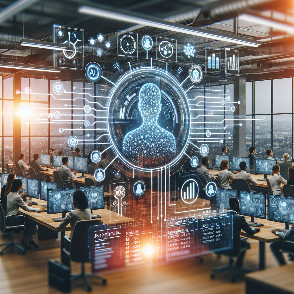 Generate an image of a bustling recruitment office where an AI system analyzes candidate profiles, depicting a digital interface with graphs and data points showcasing time-saving and quality improvement features.