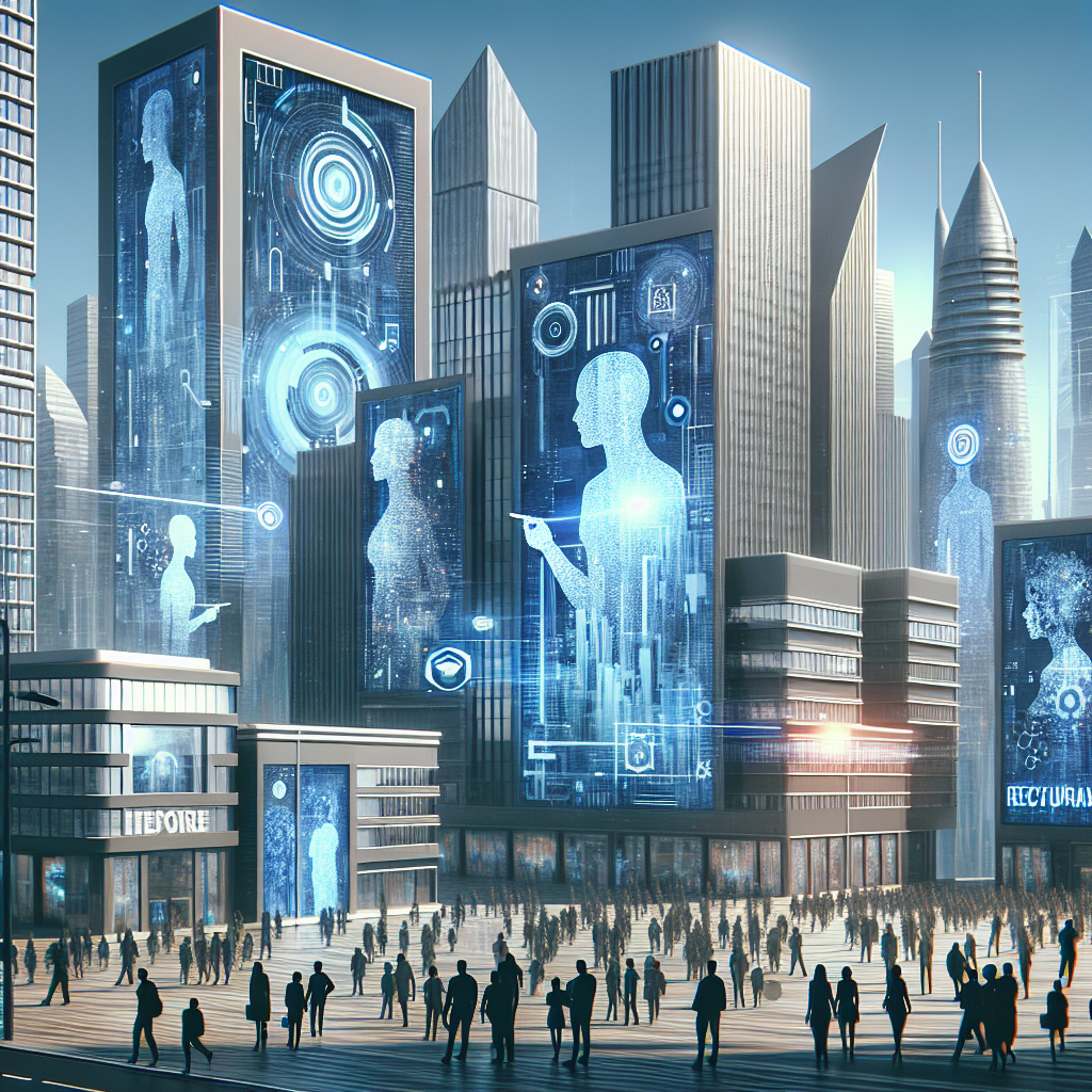 Generate an image of a futuristic cityscape with large screens illustrating AI-driven lead generation for recruitment, highlighting cost reduction benefits. Show corporate buildings with banners displaying diverse candidates.