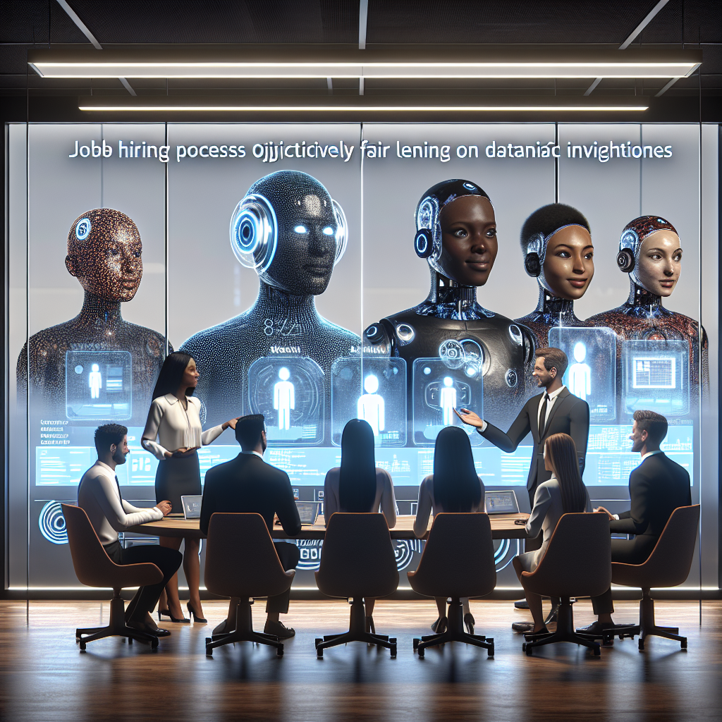 Generate an image of recruiters in a modern office collaborating with AI robots, highlighting an objective hiring process. Include diverse candidate avatars on a digital board, reflecting an enhanced candidate experience.