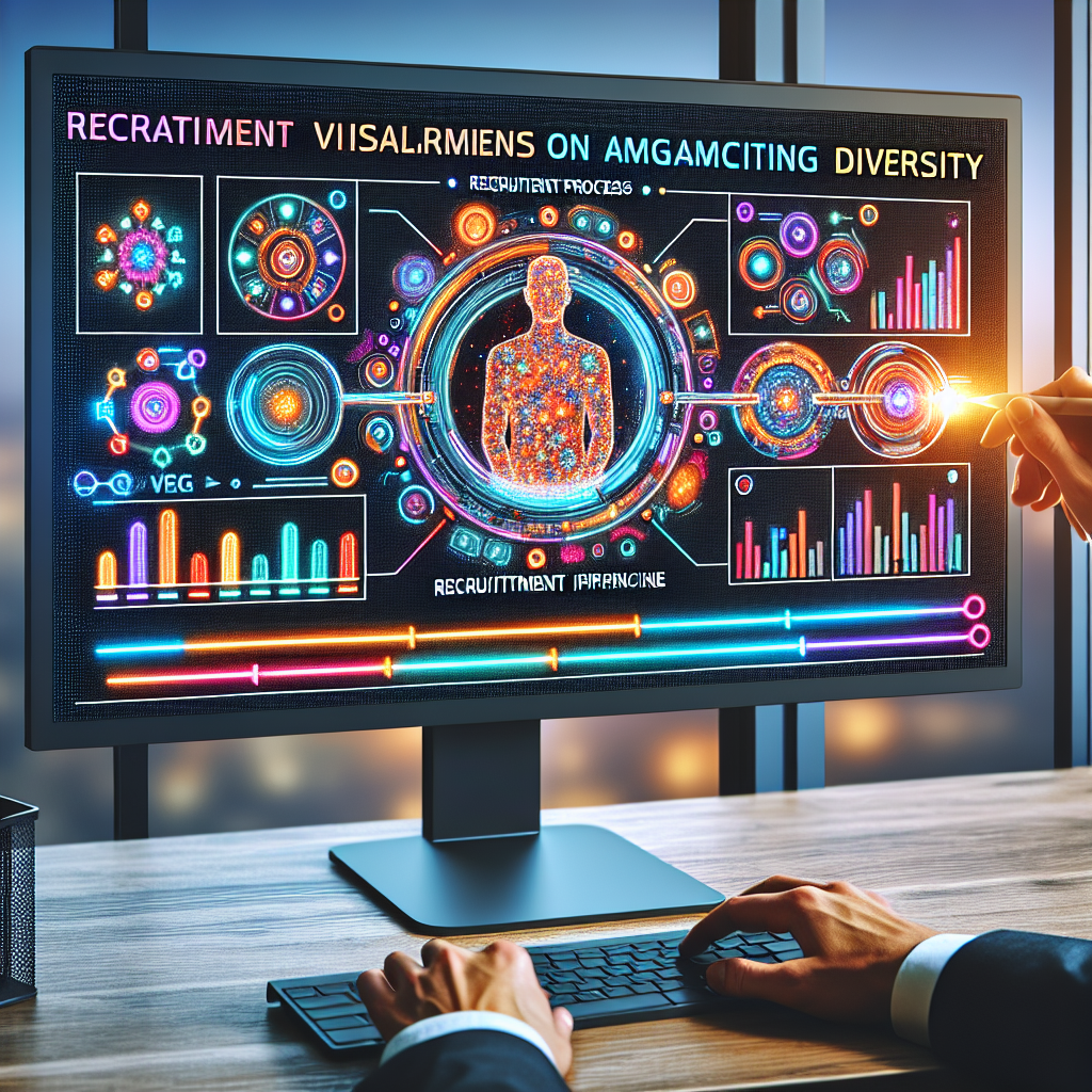 Generate an image of a recruitment process pipeline visual on a computer screen, where AI algorithms are depicted improving diversity. Show colorful charts and graphs indicating the optimization of the recruitment process.