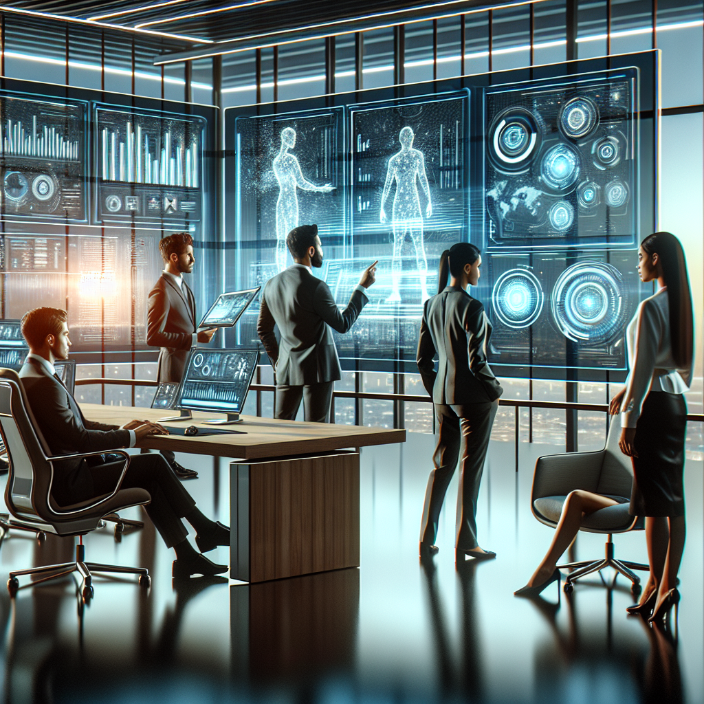 Generate an image depicting a futuristic office where a team of HR professionals are using a sophisticated data analysis dashboard to optimize recruitment leads. The atmosphere should be high-tech with holographic displays and sleek modern furniture.