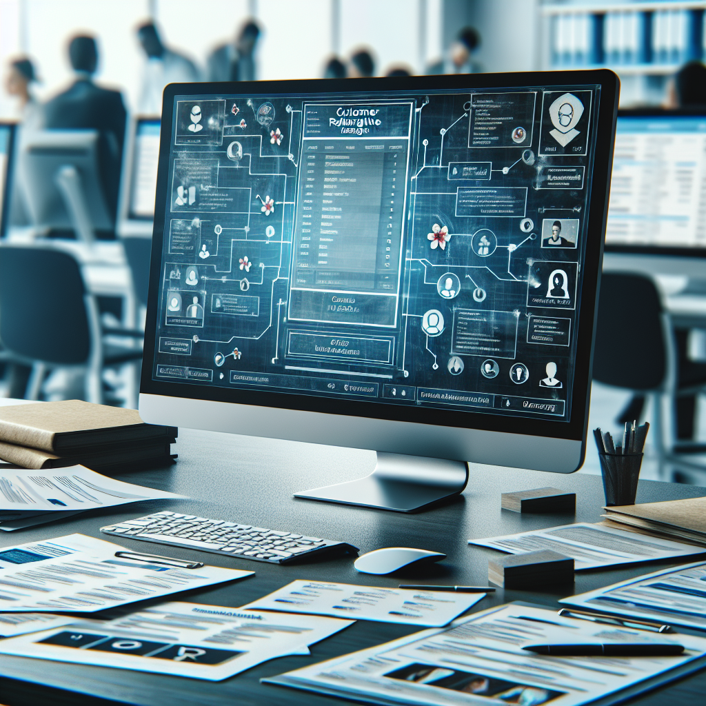 Generate an image showing a close-up of a CRM system interface on a computer screen. Around the screen, there should be various recruitment-related items such as resumes, candidate profiles, and job postings, with a background of a busy office setting.
