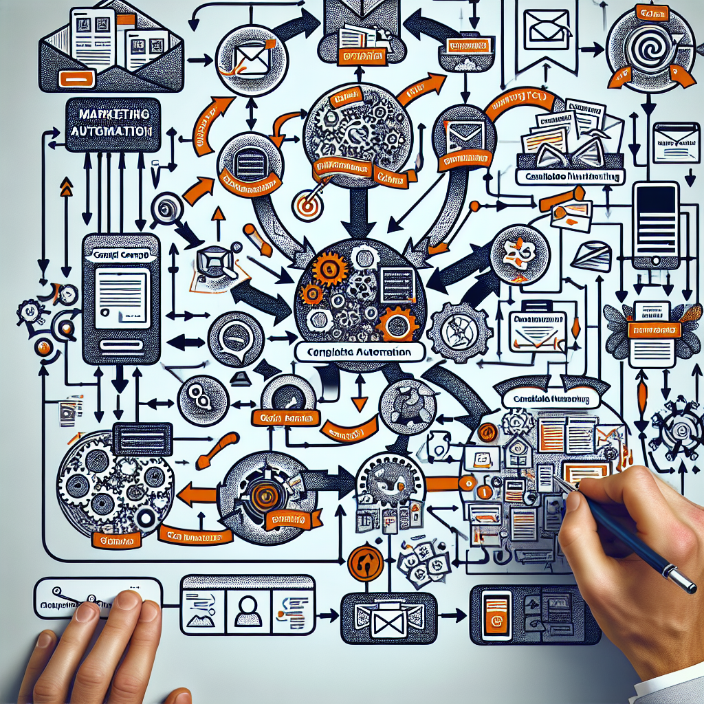 Generate an image of a marketing automation process represented visually as a flowchart. The flowchart should include elements like email campaigns, social media posts, and candidate nurturing strategies, all connected through arrows and icons.