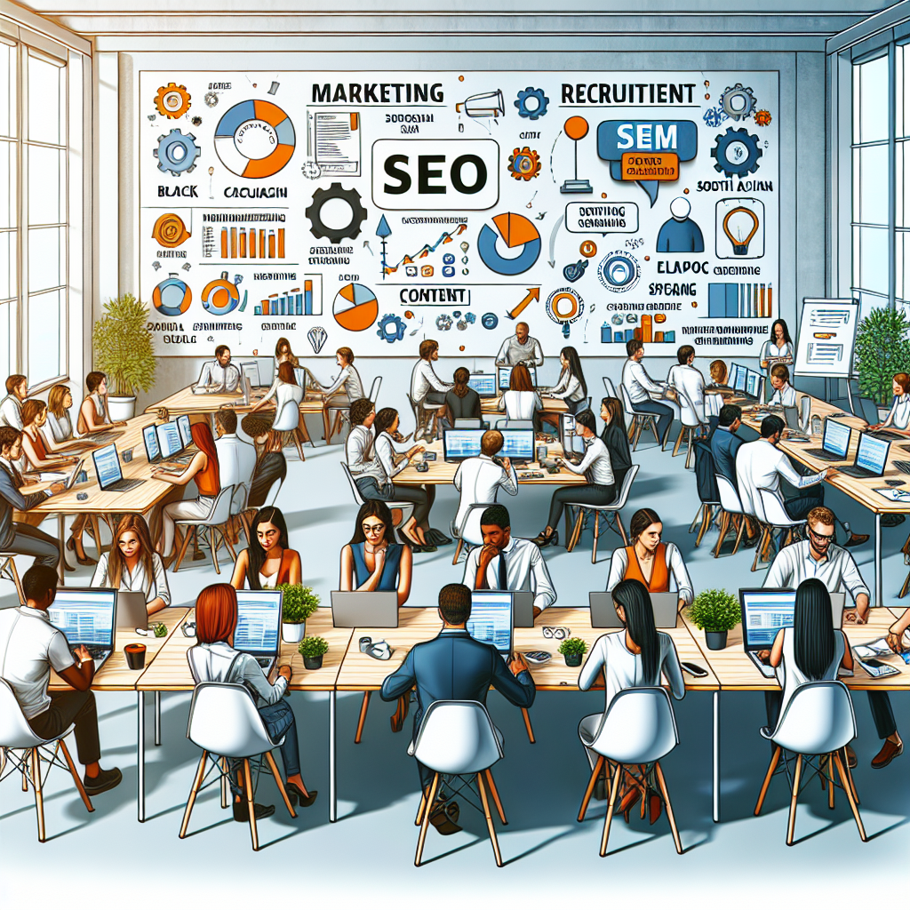 Generate an image of an office setting where marketers and recruiters are working together. The setting should include elements related to SEO and content marketing, such as whiteboards with keyword strategies, laptops displaying content plans, and posters about social media trends.