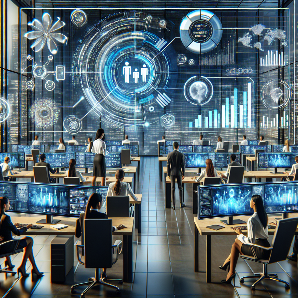 Generate an image of a futuristic office space, filled with cutting-edge technology like AI-driven computers, holographic displays showing data analytics, and recruiters using video-interviewing platforms. The scene should be dynamic, showcasing a bustling environment where technology enhances lead generation.