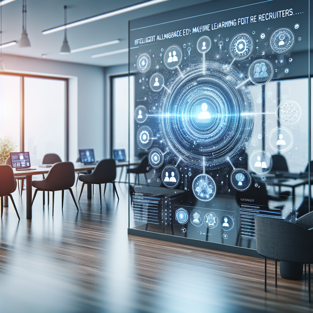 Generate an image of a vibrant social media interface where recruiters are actively engaging with potential candidates. The screen should show various tools and icons for AI and machine learning, indicating smart algorithms connecting recruiters with ideal candidates. The background should include elements of modern office decor.