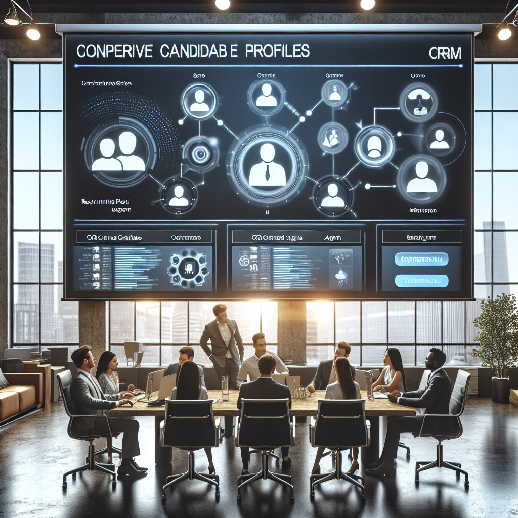 Generate an image of a sleek and modern CRM system interface on a large screen in a recruitment office. The interface should show detailed candidate profiles, AI-generated insights, and data-driven analytics. Surrounding the screen should be a collaborative workspace with recruiters discussing strategies based on the insights.