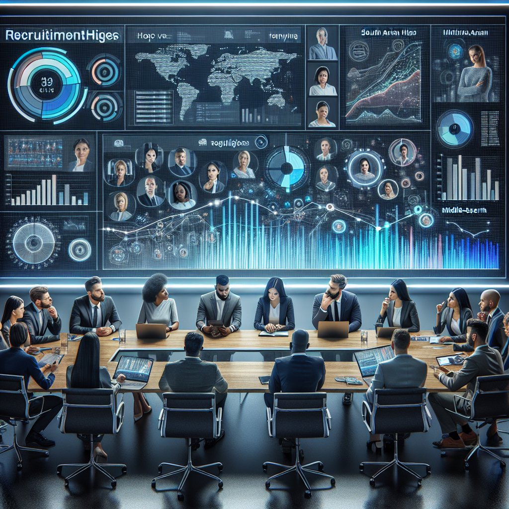 Generate an image of a diverse team of recruiters in a high-tech conference room, analyzing charts and graphs from data-driven analytics on a large interactive board. The scene should include elements like tablets, smartphones, and video conferencing tools, portraying a tech-savvy and innovative recruitment process.