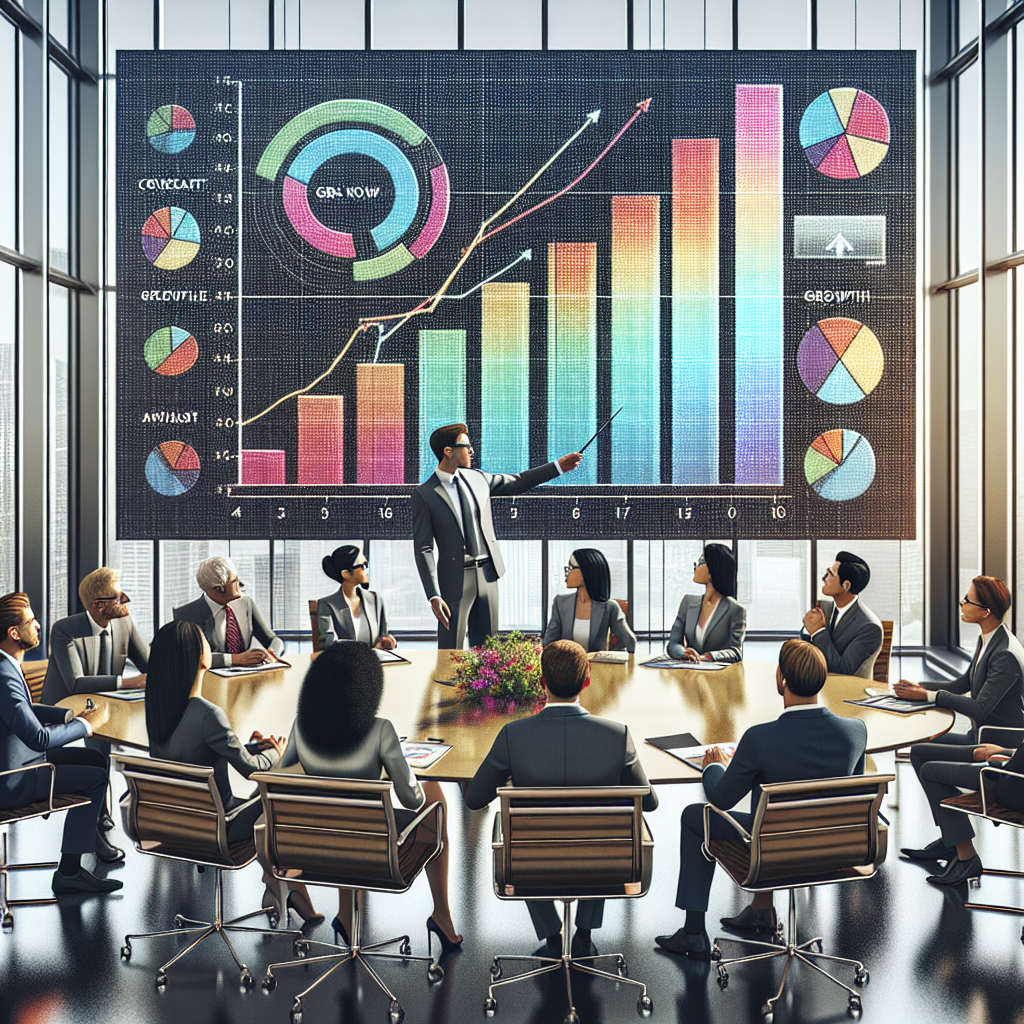 Generate an image illustrating a corporate boardroom setting where a consultant is presenting a growth chart to a group of diverse business professionals. The chart shows how upselling can enhance both revenue and customer relationships, with people nodding in understanding.