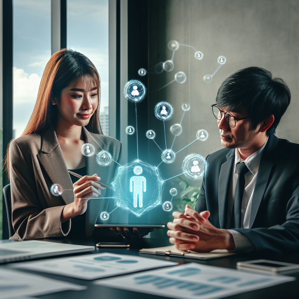 Generate an image depicting a friendly meeting between a recruiter and a client in a modern office. The recruiter is demonstrating strategies to meet specific client needs using a digital tablet, with icons of trust and value floating above them, symbolizing a successful partnership.