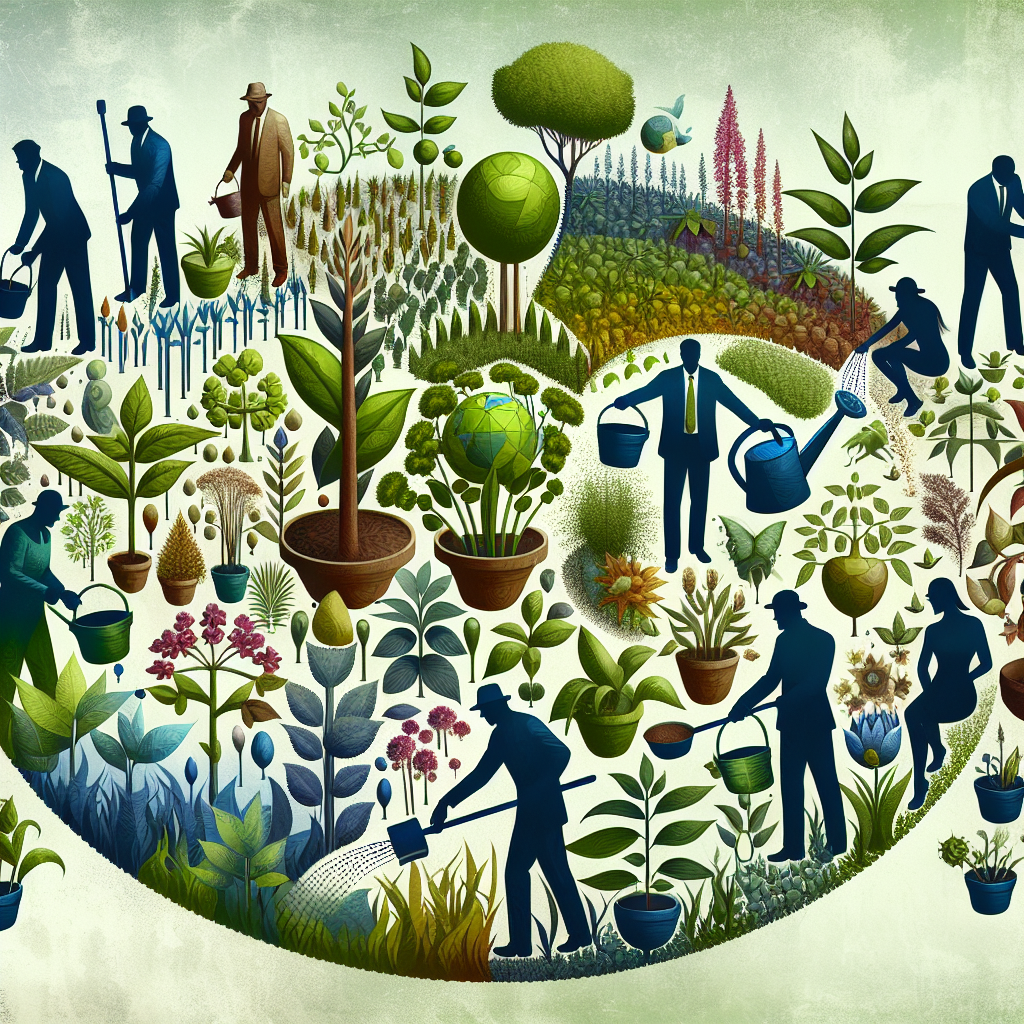 Generate an image of an abstract concept where customer needs are visualized as a garden, with upselling strategies represented as gardeners nurturing the plants. This symbolizes the development of valuable services to enhance customer-company relationships and mutual growth.
