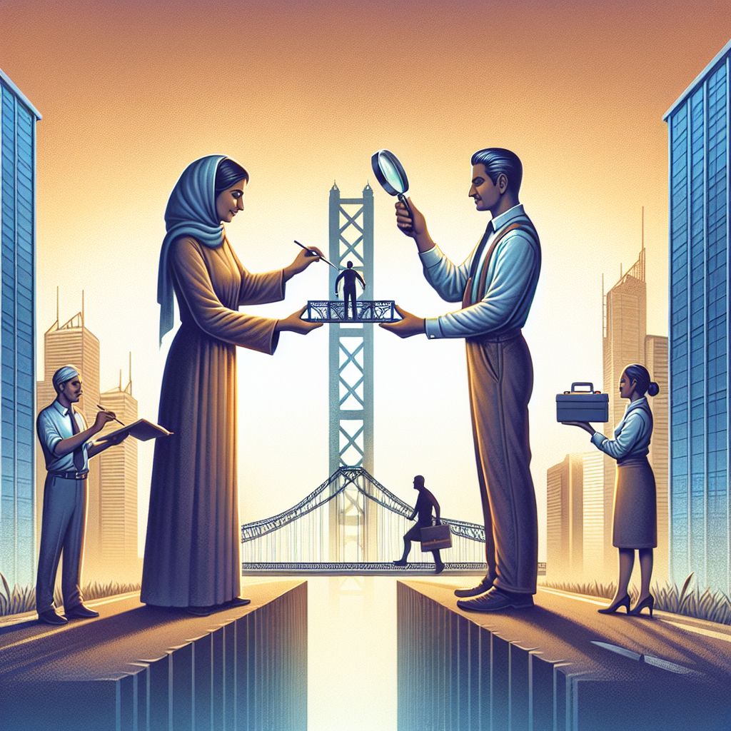 Generate an image focusing on building trust in business through illustration. Show a bridge being built between two corporations, with workers representing different strategies like understanding client needs and service enhancement, collaboratively constructing this bridge for success.