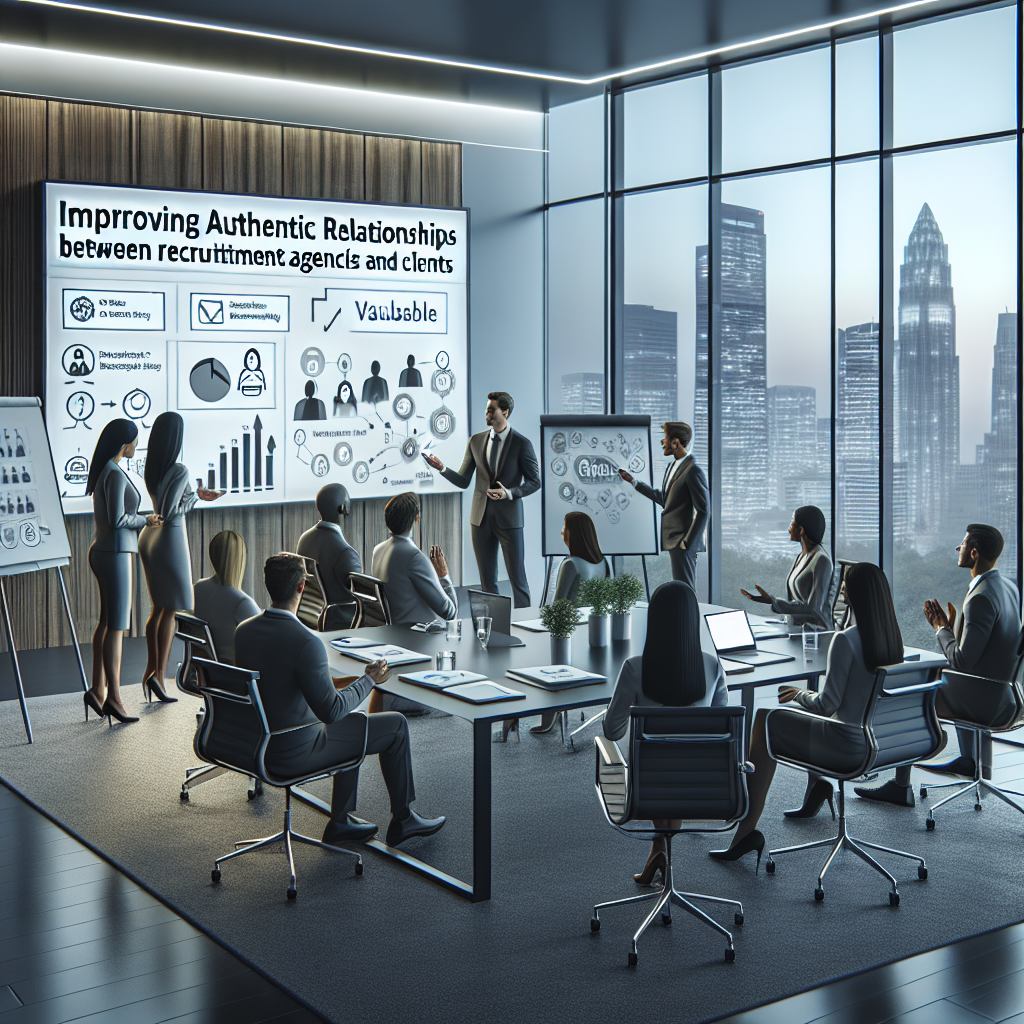 Generate an image of a professional-looking office where a team of HR specialists is hosting an engaging workshop on 'Building Authentic Client-Consultant Relationships' for recruitment agencies. The room has a large glass window showing a cityscape, flip charts, and a digital presentation screen showcasing graphs and diagrams about authenticity.