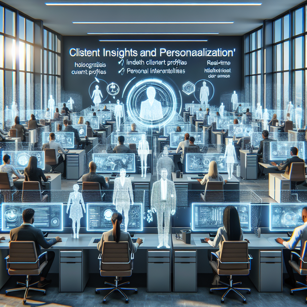 Generate an image of a modern recruitment agency's open-plan office illustrating the concept of 'Client Insights and Personalization'. The image should showcase a diverse group of people working on computers with holographic displays showing detailed client profiles, preferences, and real-time analytics.