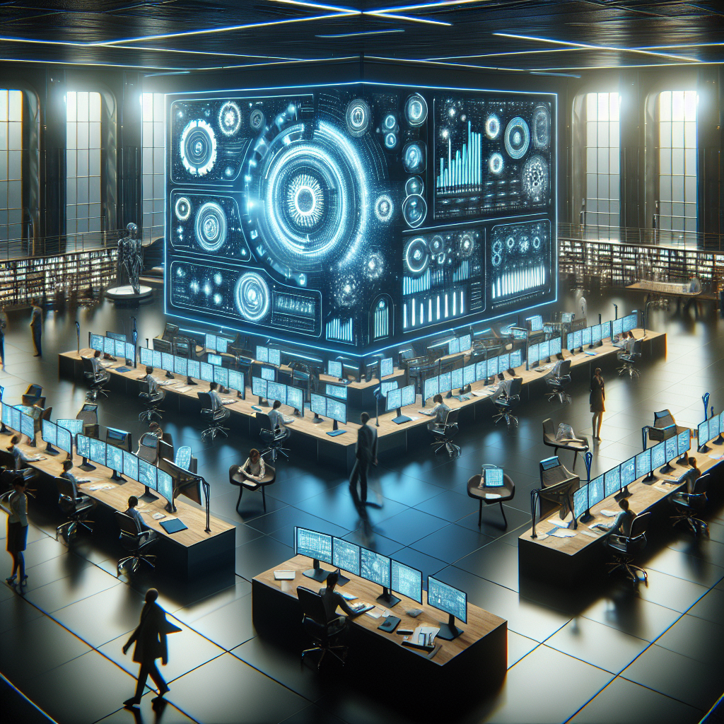 Generate an image portraying futuristic efficiency in a high-tech recruitment agency, where employees use AI-powered tools to streamline processes. Include elements such as robots sorting files, virtual assistants aiding consultants, and a digital dashboard with efficiency metrics prominently displayed.