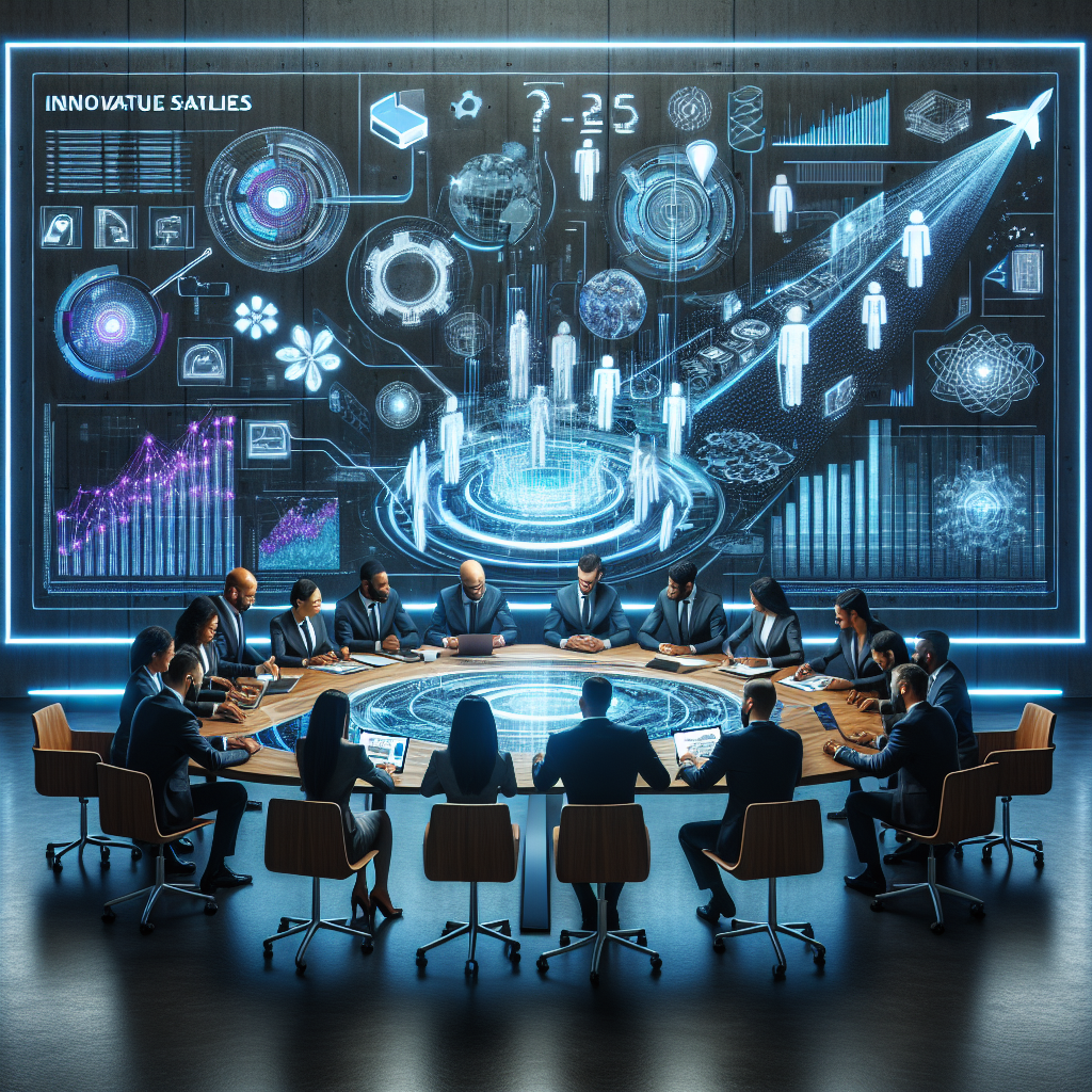 Generate an image depicting innovation leading a recruitment agency's sales strategy. Design a creative scene where agency team members brainstorm around a large digital table, projecting 3D models of innovative sales strategies, while a timeline on the wall shows progress and future trends.