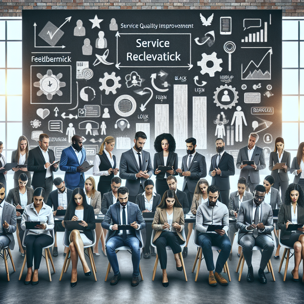 Generate an image depicting a diverse group of business professionals engaged in a dynamic brainstorming session, surrounded by feedback forms and digital devices, symbolizing active listening to customer feedback in recruitment services. The setting is a modern office space with a large whiteboard displaying various charts and graphs reflecting service quality improvement.