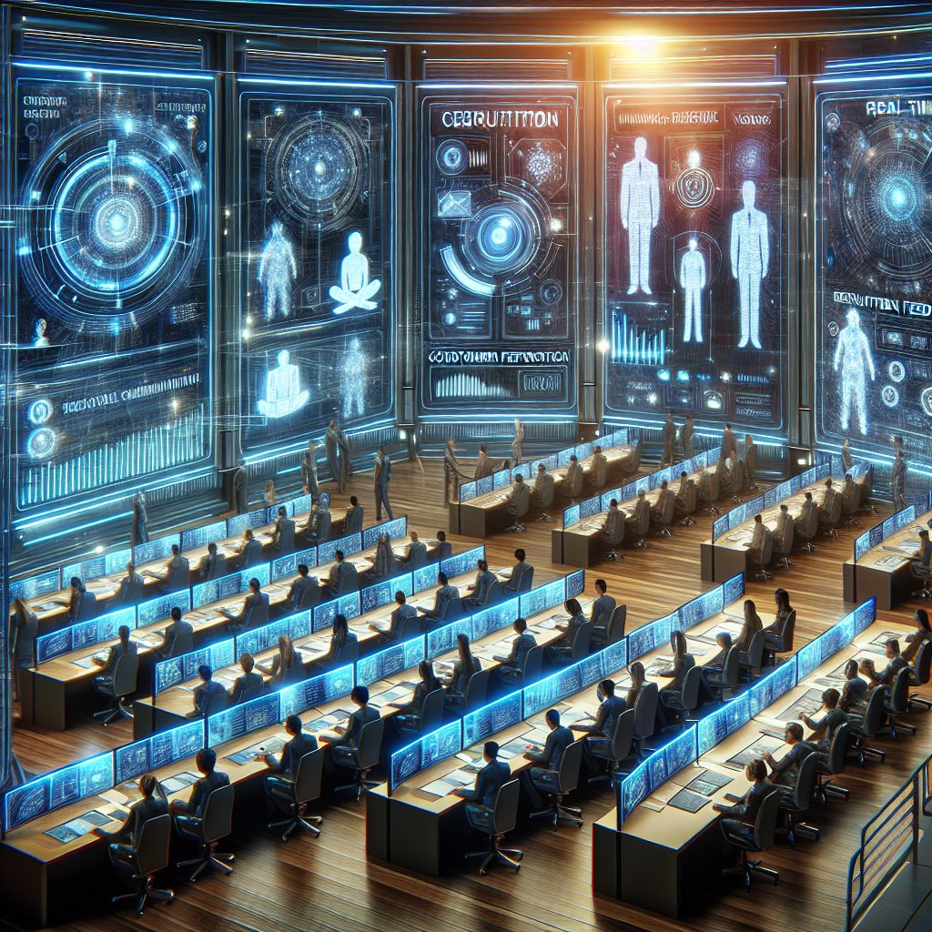 Generate an image illustrating a futuristic command center where recruitment specialists are strategically listening to customer feedback via advanced technological interfaces. The room is filled with holographic displays and interactive elements, showcasing real-time communication optimization and efficiency enhancement.