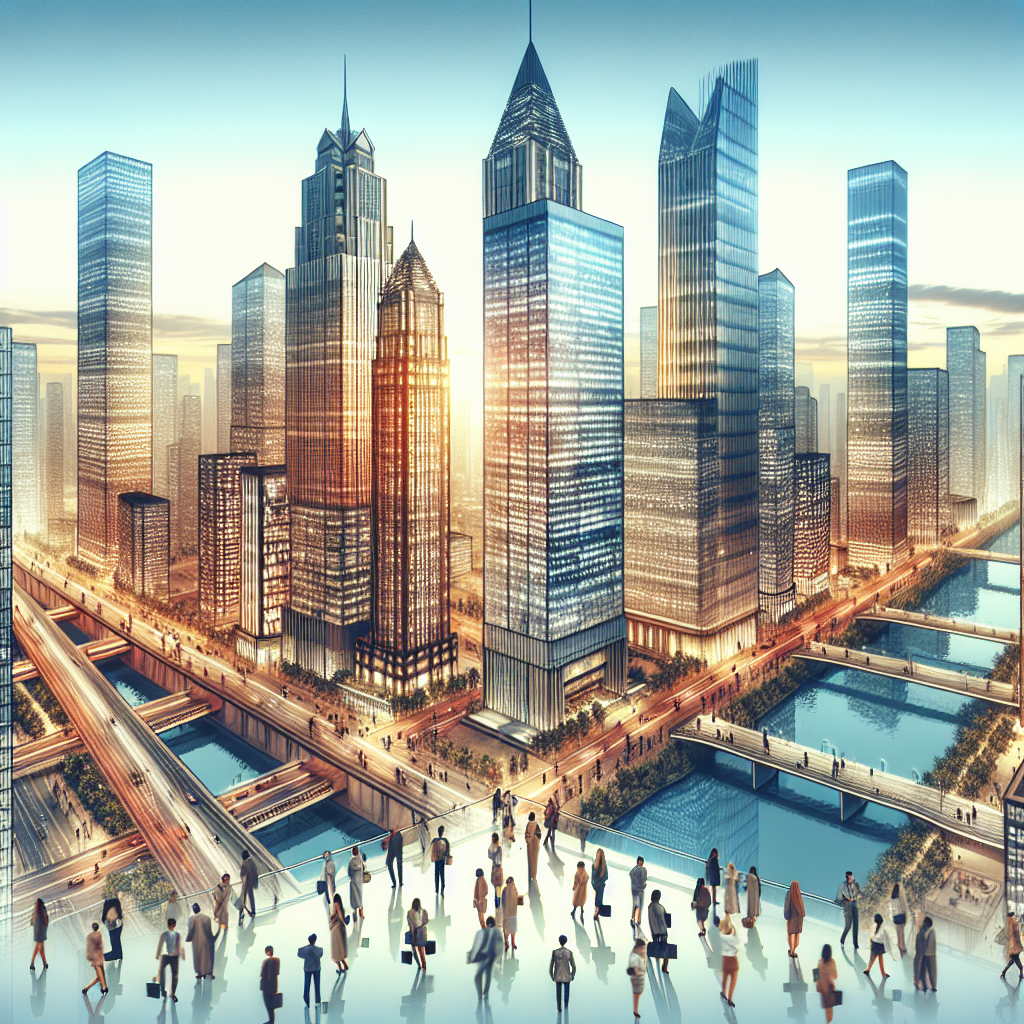 Generate an image of a vibrant cityscape where recruitment agencies are depicted as tall skyscrapers, with strong formal bridges between them symbolizing solid customer relationships. The scene is bustling with activity, highlighting the competitive advantage gained through strategic feedback management.