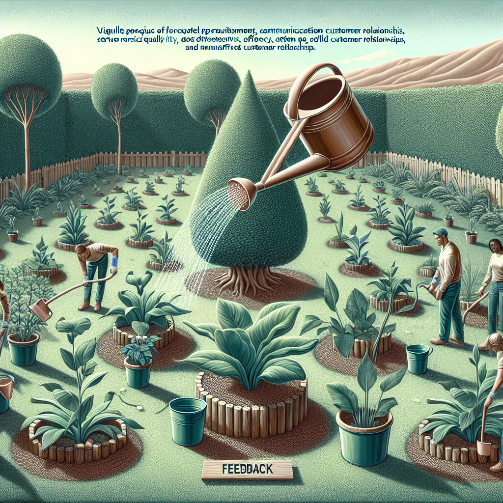 Generate an image of a serene garden where each plant represents different aspects of recruitment services—service quality, communication, efficiency, and customer relationships. Gardeners, representing recruitment professionals, are seen nurturing each plant with watering cans labeled 'feedback', portraying the nurturing aspect of customer feedback in the industry.