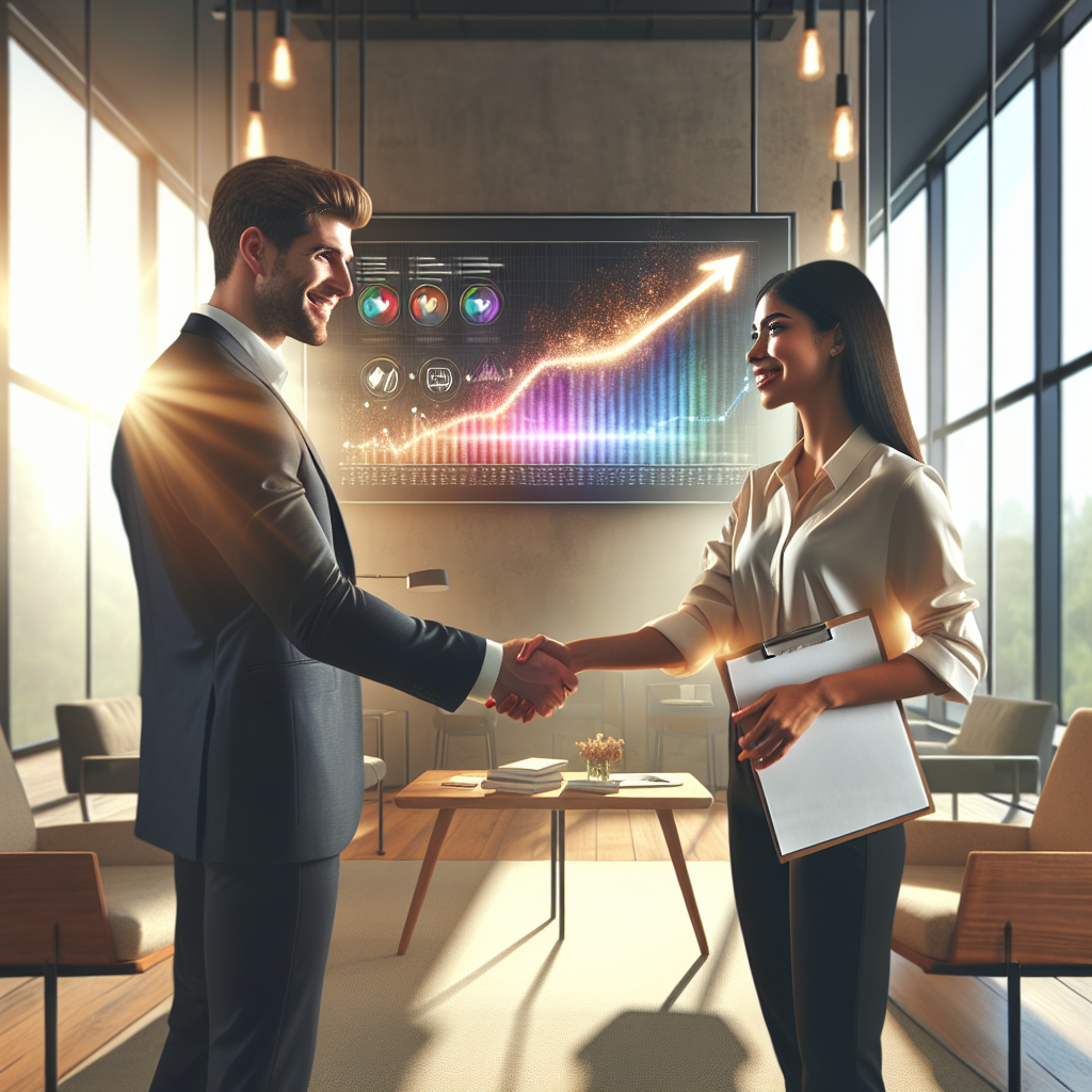 Generate an image showing a satisfied client shaking hands with an employment agency representative in a modern, bright office setting. The scene conveys a sense of successful partnership and trust, with charts and graphs in the background illustrating business growth.