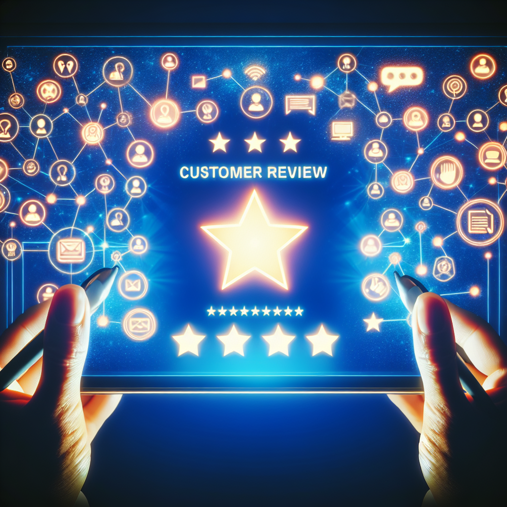 Generate an image of a glowing customer review displayed on a digital screen, surrounded by interconnected icons representing word-of-mouth, reputation, and loyalty in a vibrant, tech-inspired style symbolizing digital connectivity and community influence.
