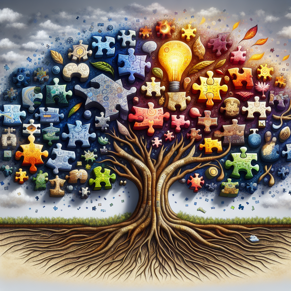 Generate an image depicting a tree made of puzzle pieces, each piece representing elements like customer satisfaction, loyalty, innovation, and service quality, with roots symbolizing a strong foundation for agency success, presented in an artistic, metaphorical style.