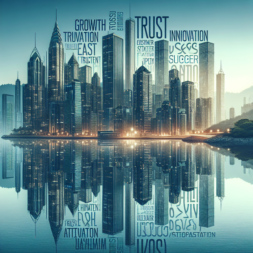 Generate an image of a bustling city skyline reflected in a serene lake, where the reflections form words such as 'growth', 'trust', 'innovation', and 'success', illustrating the peaceful yet strong impact of customer satisfaction in a sleek, minimalist art style.