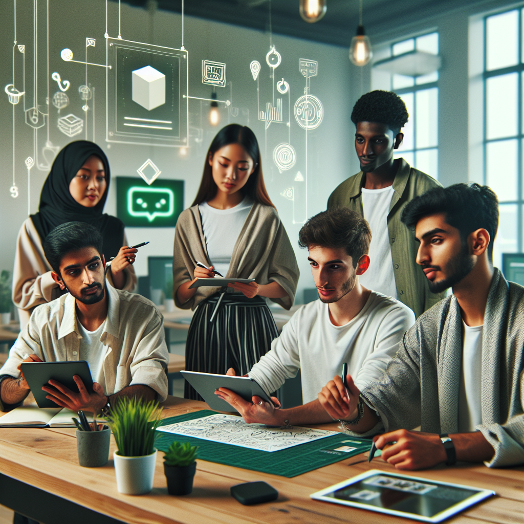 an image of a young, diverse group of people in a modern office setting, collaborating on a creative project, surrounded by TikTok branding elements, to showcase the appeal of TikTok to young talent during recruitment.