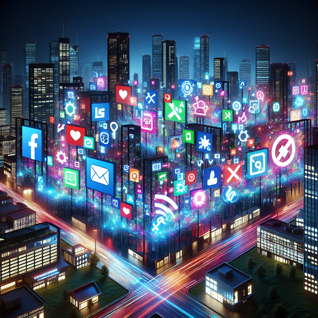 an image of a dynamic cityscape at night with animated billboards and screens displaying TikTok trends and hashtags, symbolizing the potential reach and creativity in TikTok recruitment strategies.