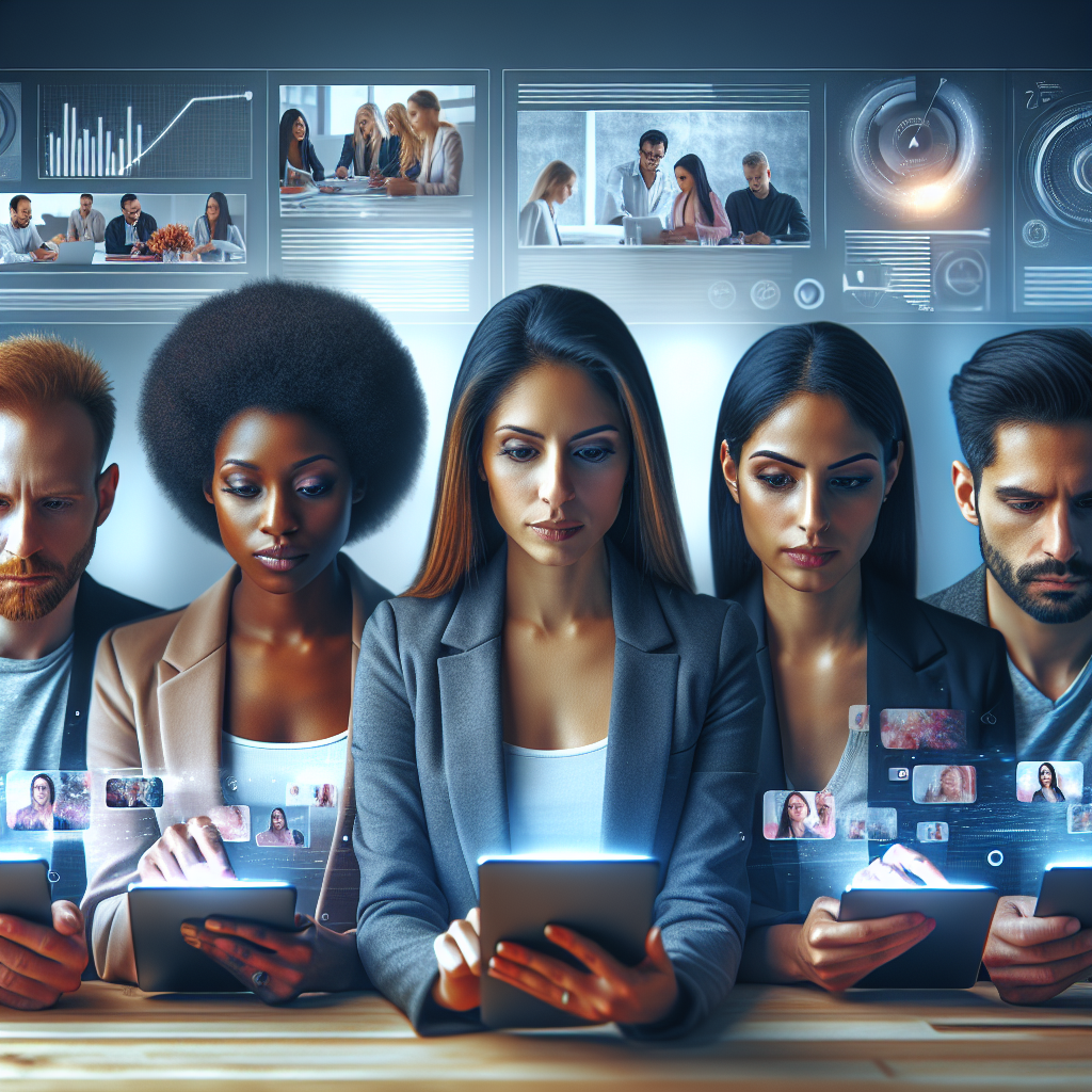 an image of a team of hiring managers analyzing TikTok videos on sleek devices, with data visualizations in the background, reflecting targeted advertising and analytics in recruitment.