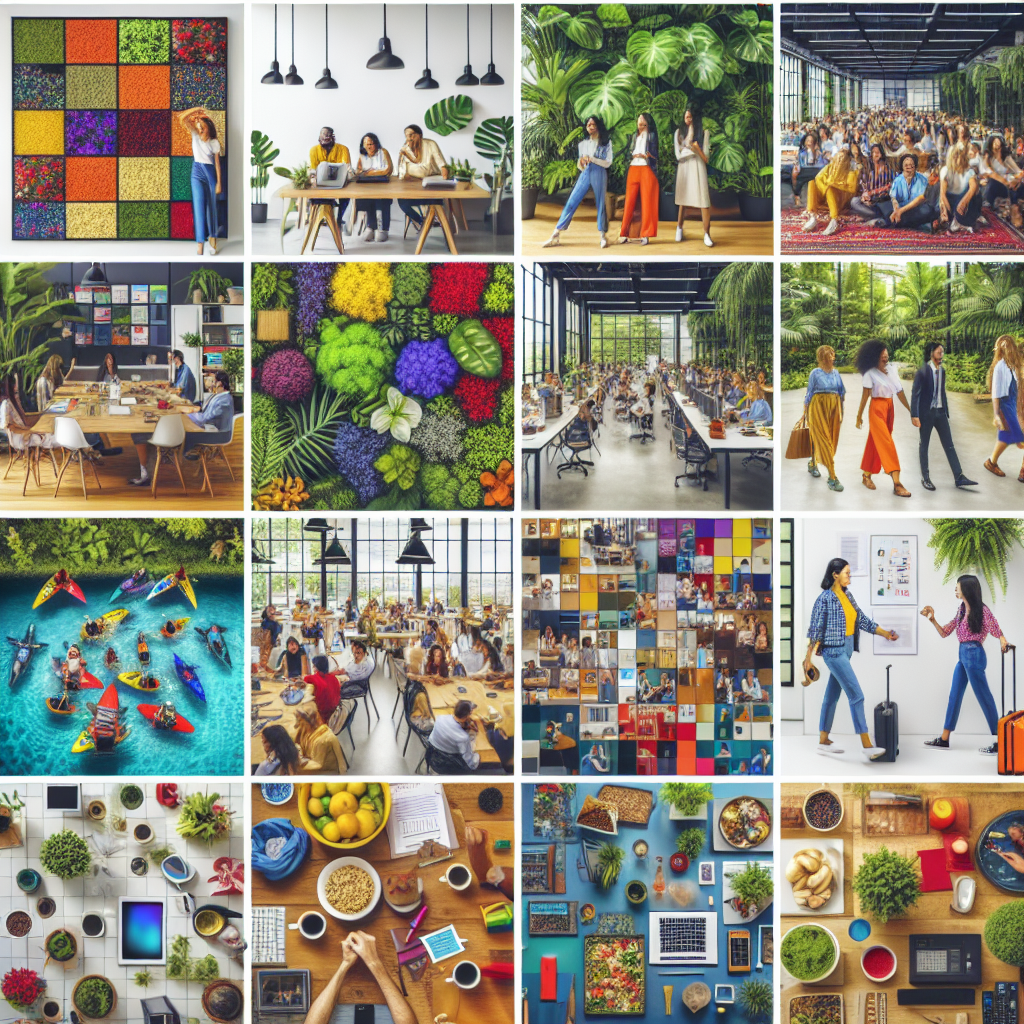 Generate an image showcasing a bustling social media feed of a recruitment agency, filled with vibrant and authentic culture stories. The feed should include images of team-building activities, diverse workplace settings, and engaging captions that showcase the agency's unique identity.