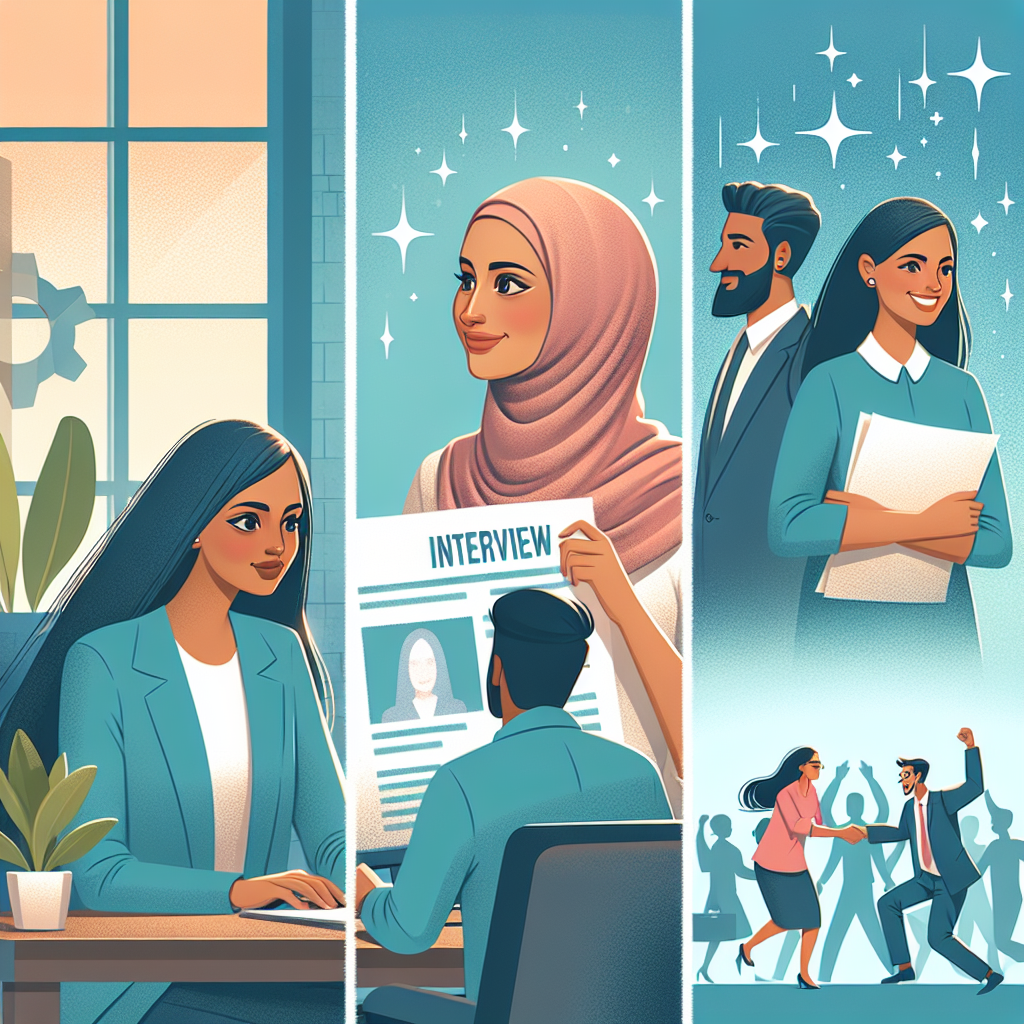 Generate an image illustrating an inspiring success story shared by a recruitment agency on social media. The scene should capture a candidate's journey from job search to employment, with emotive visuals such as celebratory interactions and a fulfilled career path.