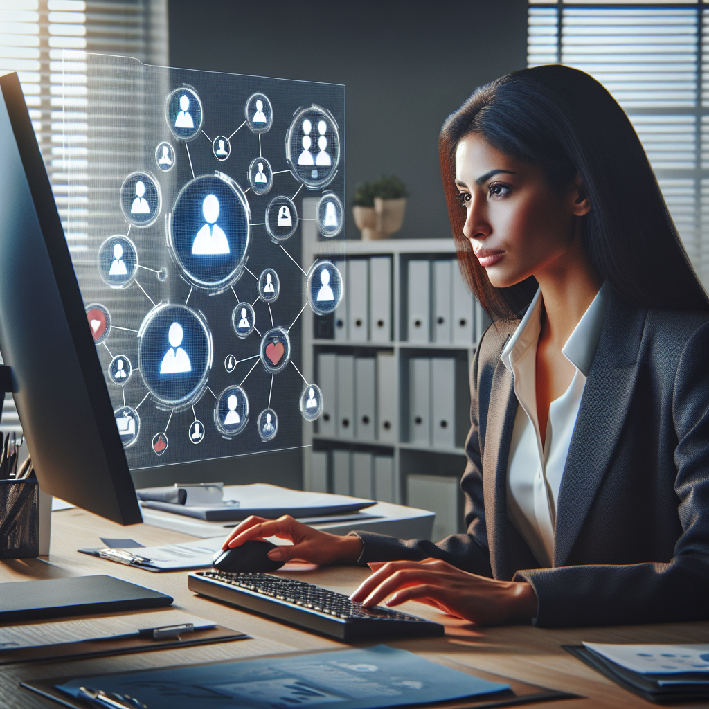 Generate an image illustrating a professional recruiter sitting at their desk, with a computer screen displaying various LinkedIn group icons, symbolizing the selection of relevant groups for talent attraction. The room is filled with recruitment-related items, and the atmosphere is one of focus and strategic planning.