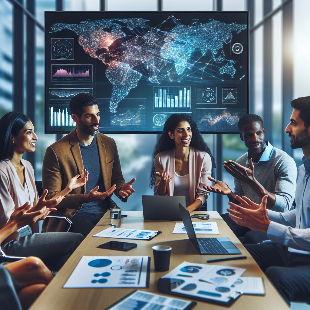 Generate an image depicting a vibrant and diverse LinkedIn group meeting, with professionals from different industries actively engaging and sharing valuable insights. The setting is a modern office with a large display screen showing LinkedIn analytics, emphasizing networking and collaboration.