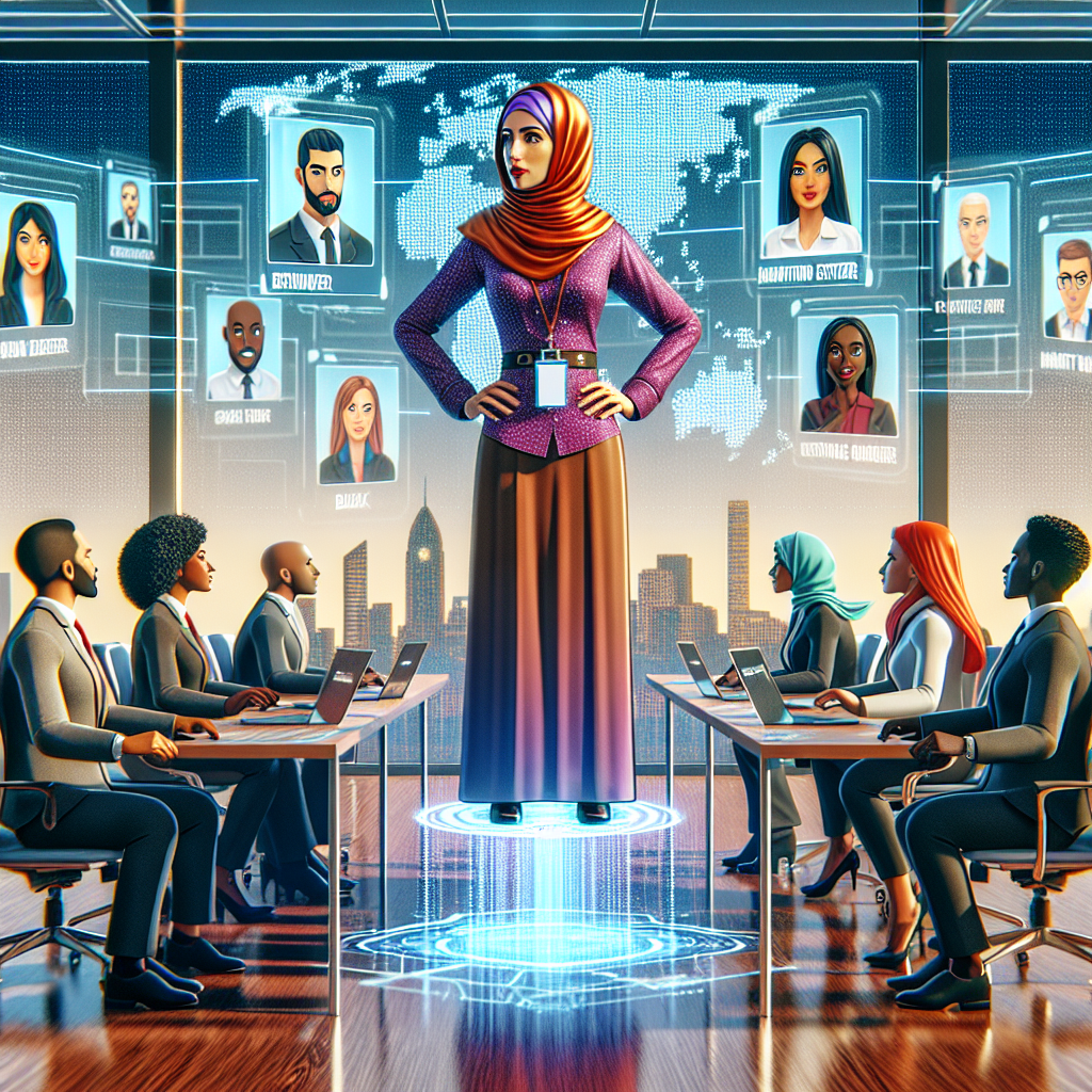Generate an image of a recruiter managing their own LinkedIn group. The scene shows a virtual meeting room filled with avatars of group members. The recruiter is at the center, orchestrating discussions and managing posts on a digital interface, with a backdrop of a city skyline symbolizing reach and influence.