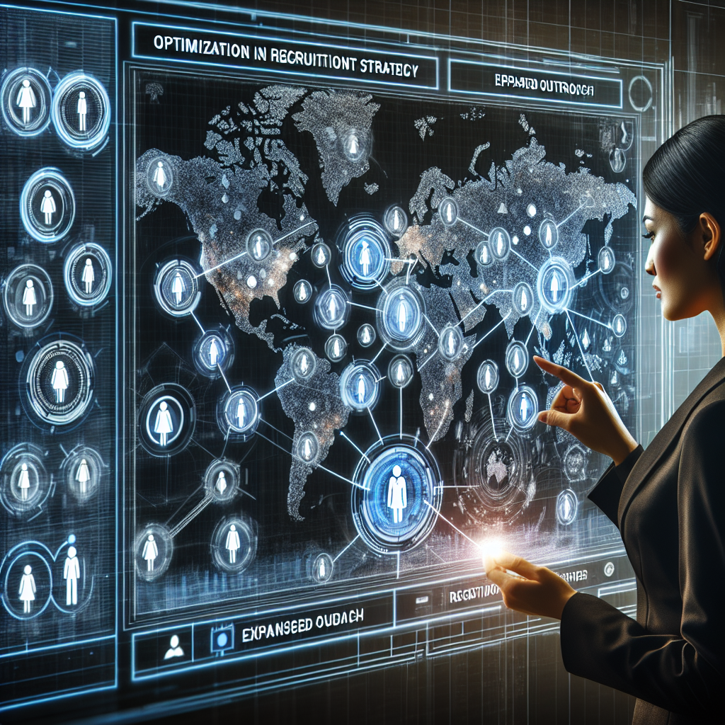 Generate an image showcasing a strategic map of LinkedIn groups, with routes and connections linking various groups. Icons represent different professional sectors. The map is on a futuristic digital screen with a recruiter analyzing it, symbolizing the enhancement of recruitment strategy and outreach.