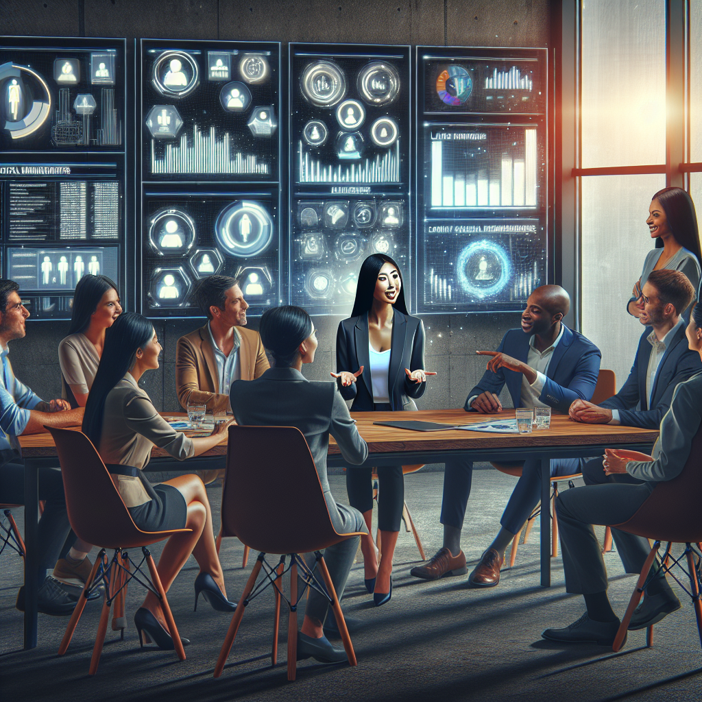 Generate an image of a bustling recruitment agency office filled with vibrant activity. Showcase a team of recruiters collaborating with an influencer who is sitting across the table, explaining her social media strategies to attract quality candidates. The room is fitted with large screens displaying social media metrics and candidate profiles, showcasing the fusion of recruitment and influencer marketing.
