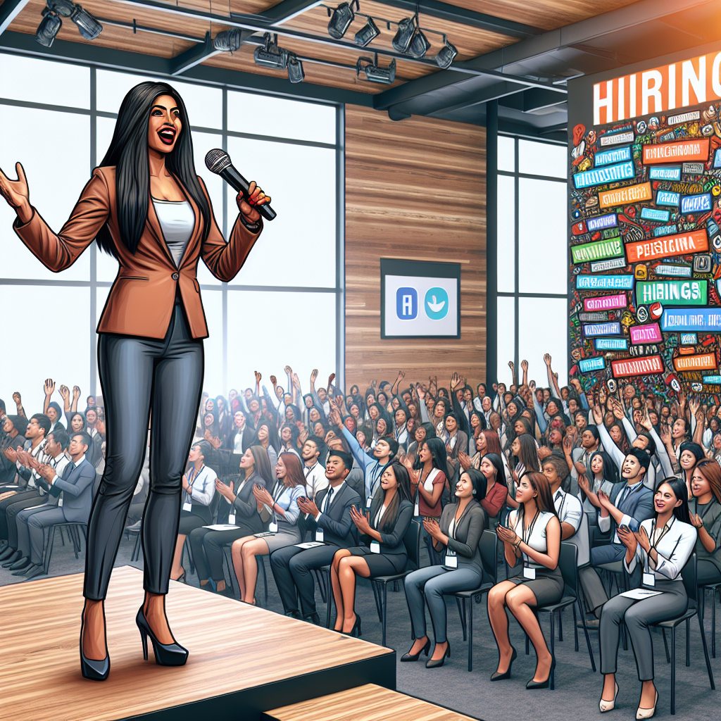 Generate an image of a charismatic social media influencer addressing a large audience of excited potential job applicants. The scene is set in a modern seminar room, with banners of various hiring companies in the background. The influencer is depicted with a dynamic speaking posture, holding a microphone, emphasizing the direct engagement with job seekers through influencer marketing.