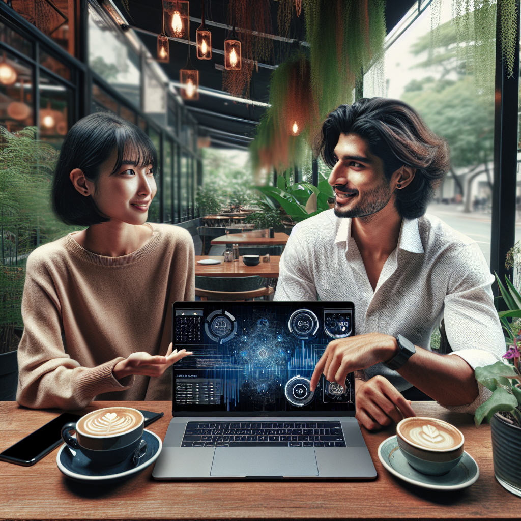 Generate an image of a peaceful café setting where a recruiter meets with an influencer over coffee. This intimate scene highlights their collaboration, with open laptops displaying job opportunity dashboards and influencer social feeds. The influencer gestures towards the screen, portraying a strategy session on attracting targeted candidates through authentic social media engagement.