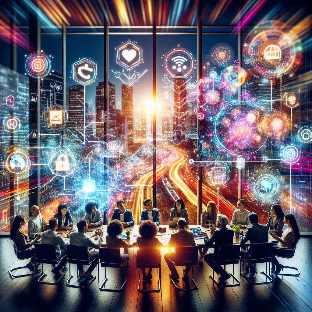 Generate an image depicting a diverse group of people gathered around a table filled with social media icons, graphs, and charts. The scene is vibrant and lively, reflecting a strategic meeting in a creative digital marketing agency, with a futuristic cityscape visible through a window in the background.