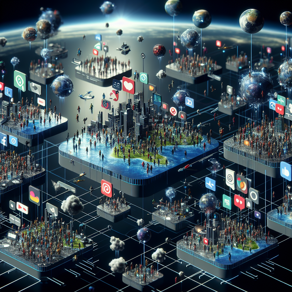 Generate an image of a bustling digital landscape where social media platforms are portrayed as interconnected floating islands. Each island is populated by animated avatars symbolizing a target audience, surrounded by engaging and interactive content.